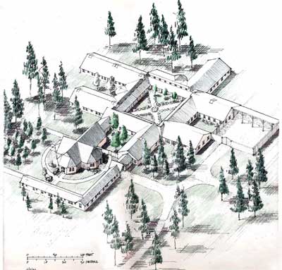 Axonometric site plan of SPA Monastery